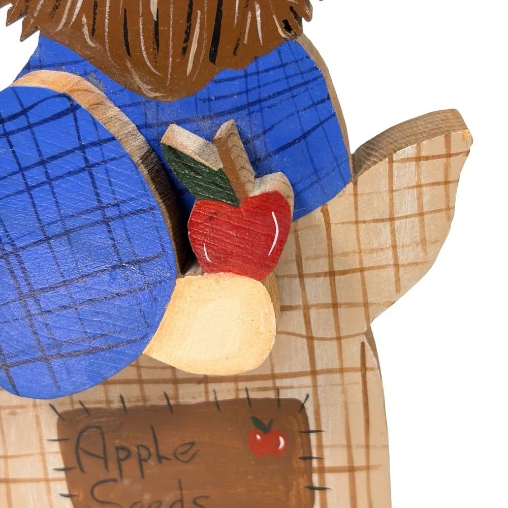 Vintage 1995 Johnny Appleseed Hand Painted Wood Folk Art Wall Decor Signed 7" - Picture 6 of 10